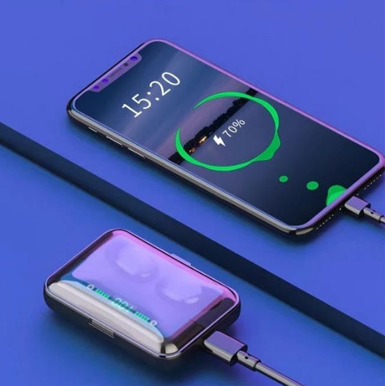 Auriculares Bluetooth multifunción con movimiento binaural y batería externa compatible con teléfono.