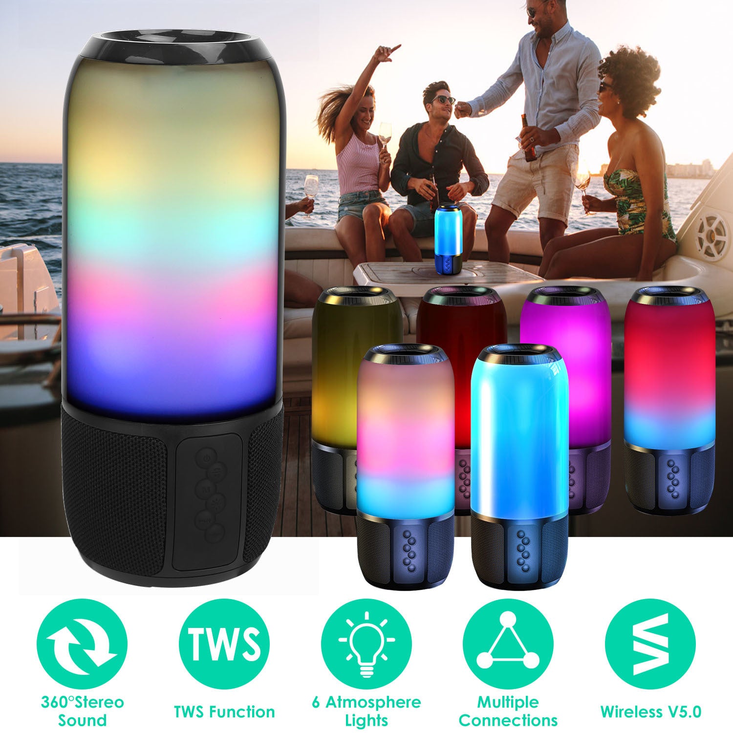 Altavoz portátil inalámbrico estéreo de 1 pieza con 6 luces que cambian de color, radio para fiestas