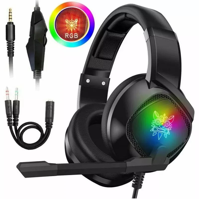 Auriculares para juegos con cancelación de ruido, RGB, micrófono, control de volumen y tableta.