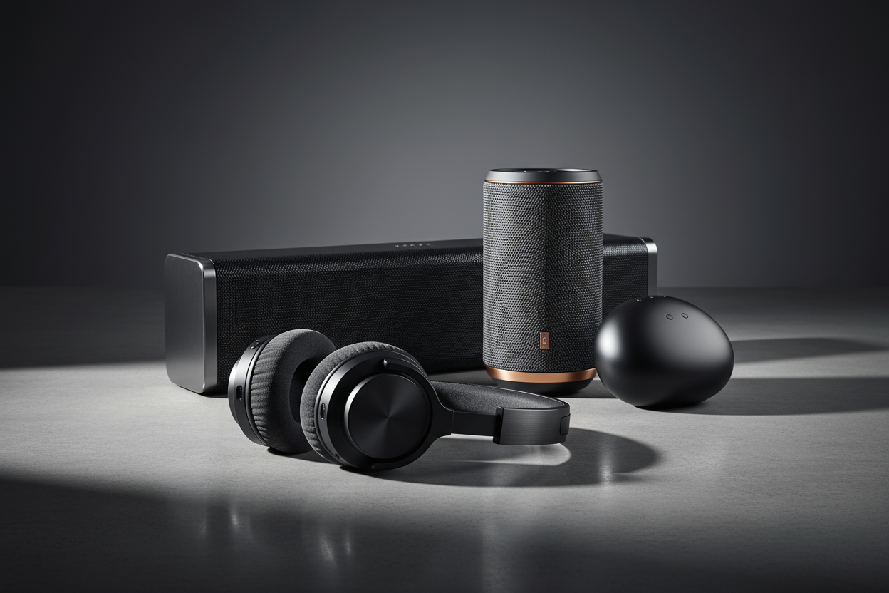 crea una imagen de muy alta calidad sobre audifonos y parlantes